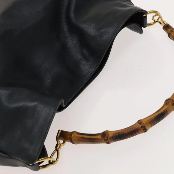GUCCI Bamboo Shoulder Bag Leather 2way Black Gold - Picture 13 of 15